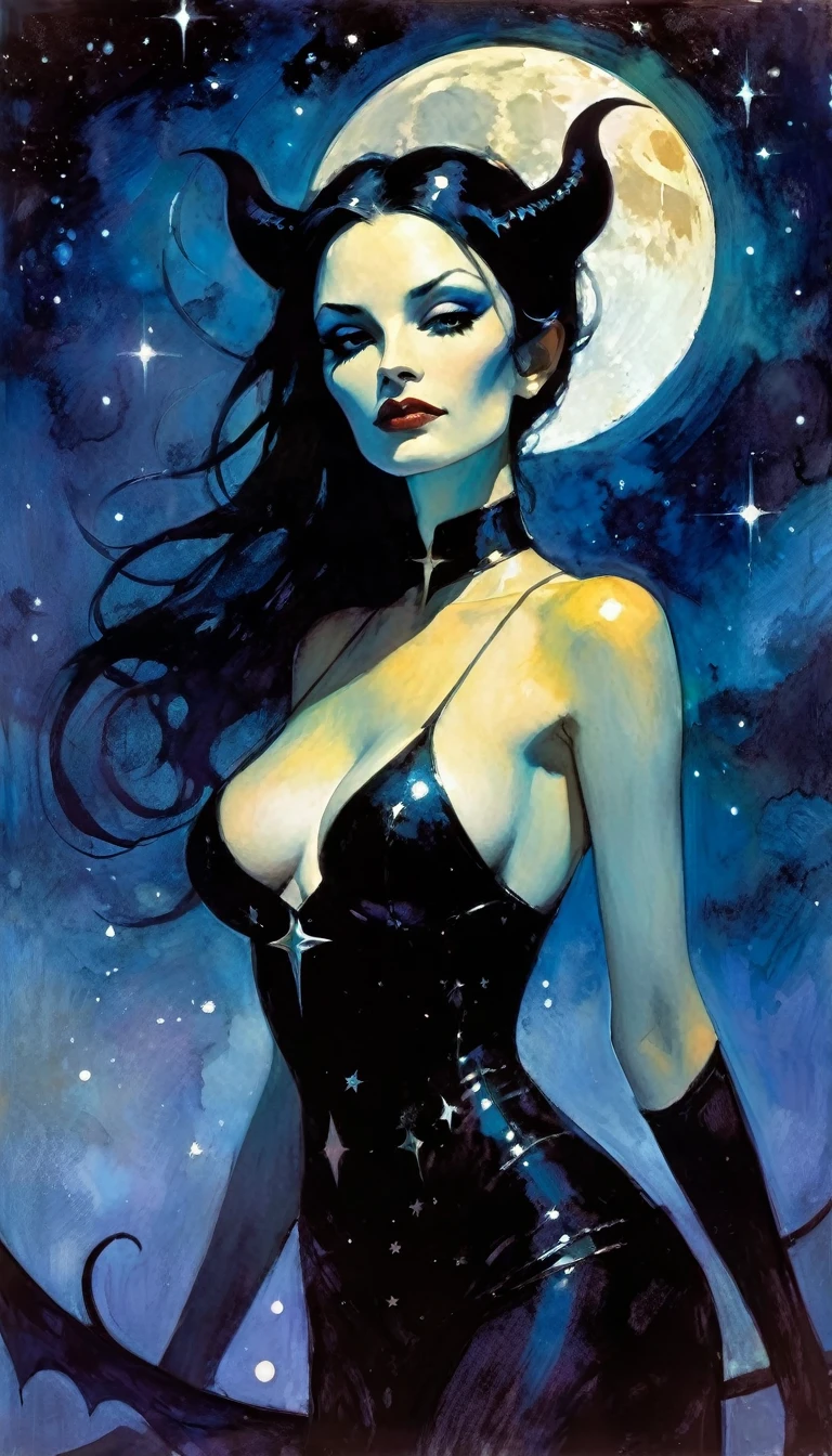 some sexy, dark, queen of hell, loneliness, magic, magic, fantastic, night sky, moon, stars, background, , (art inspired by Bill Sienkiewicz). oil painting)
