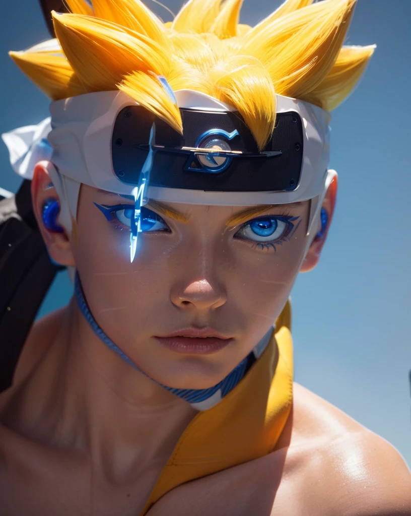 (dramatic, Grainy, intense:1.4),masterpiece, Highest quality, 8K, 非常識なdetailed, Intricate details, hyperdetailed, super high quality, High detail, ultra detailed, masterpiece,Upper Body, close,(Imide Shot,Macro photography:1.25),(blue eyes:1.5),(Blonde:1.2),One Man, Holographic Reality, Studio Lighting,Artistic Rendering Style,Bright colors, Full Body Shot, 3D Artist, detailed, Futuristic, Real,髪の毛のdetailed, bolt, Yellow Hair, detailedな目, detailedな鼻, Realistic, black eye, Realistic, detailed black eye, blue eyes, Put on a ninja headband,Lightning on background,
