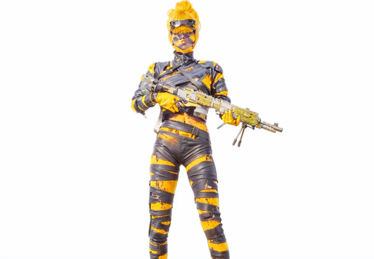 blonde girl, her hair is in lose twin tails, wearing a cropped blue leather jacket, white sports bra, baggy black pants with lots of pockets, goggles on her head, fair skin, covered with dirt and black mechanical grease. Sci fi settings,