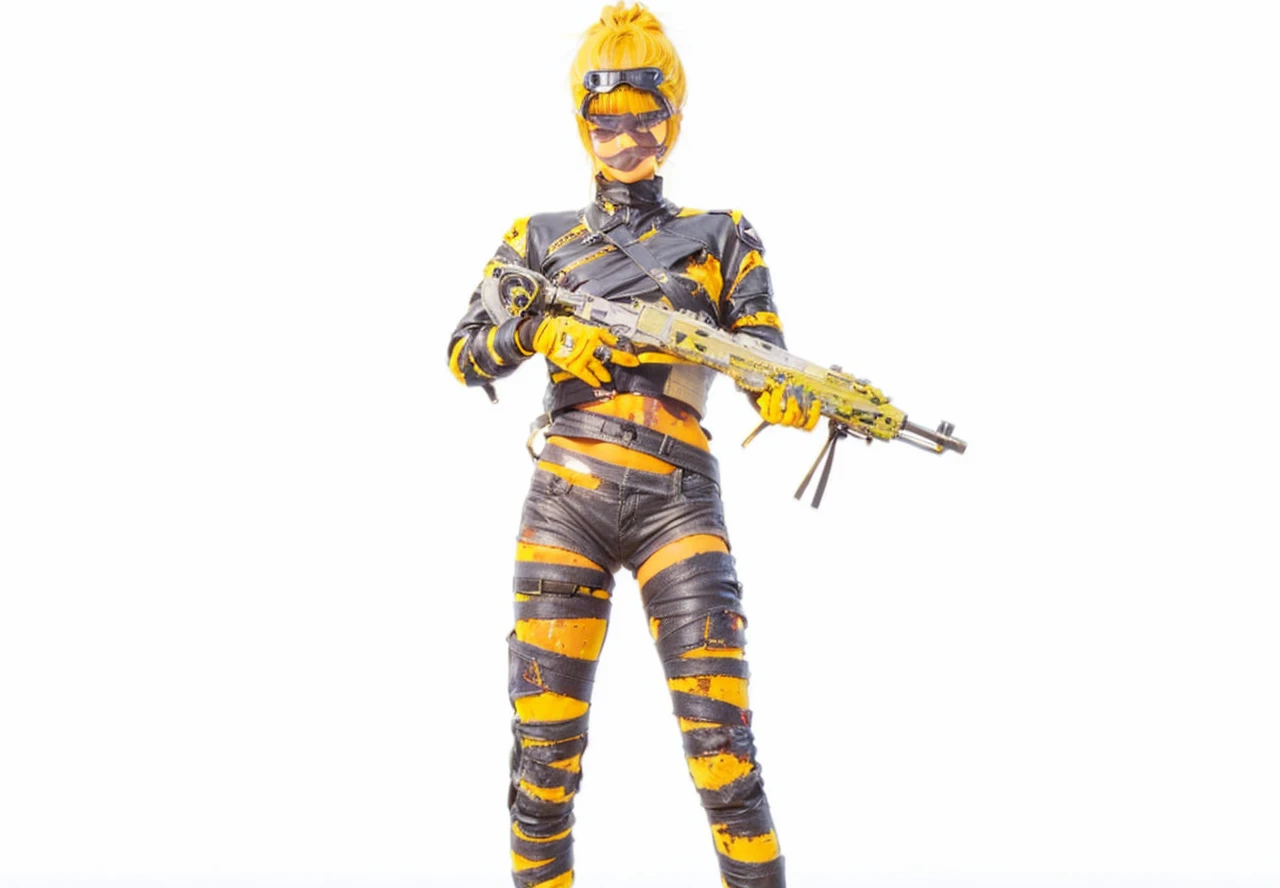 Teenage blonde girl, her hair is in lose twin tails,  wearing a cropped blue leather jacket, white sports bra, baggy black pants with lots of pockets, goggles on her head,  fair skin, covered with dirt and black mechanical grease.  Sci fi settings, 