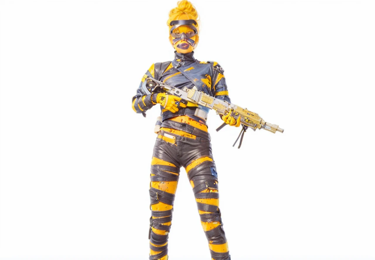 Teenage blonde girl, her hair is in lose twin tails,  wearing a cropped blue leather jacket, white sports bra, baggy black pants with lots of pockets, goggles on her head,  fair skin, covered with dirt and black mechanical grease.  Sci fi settings, 
