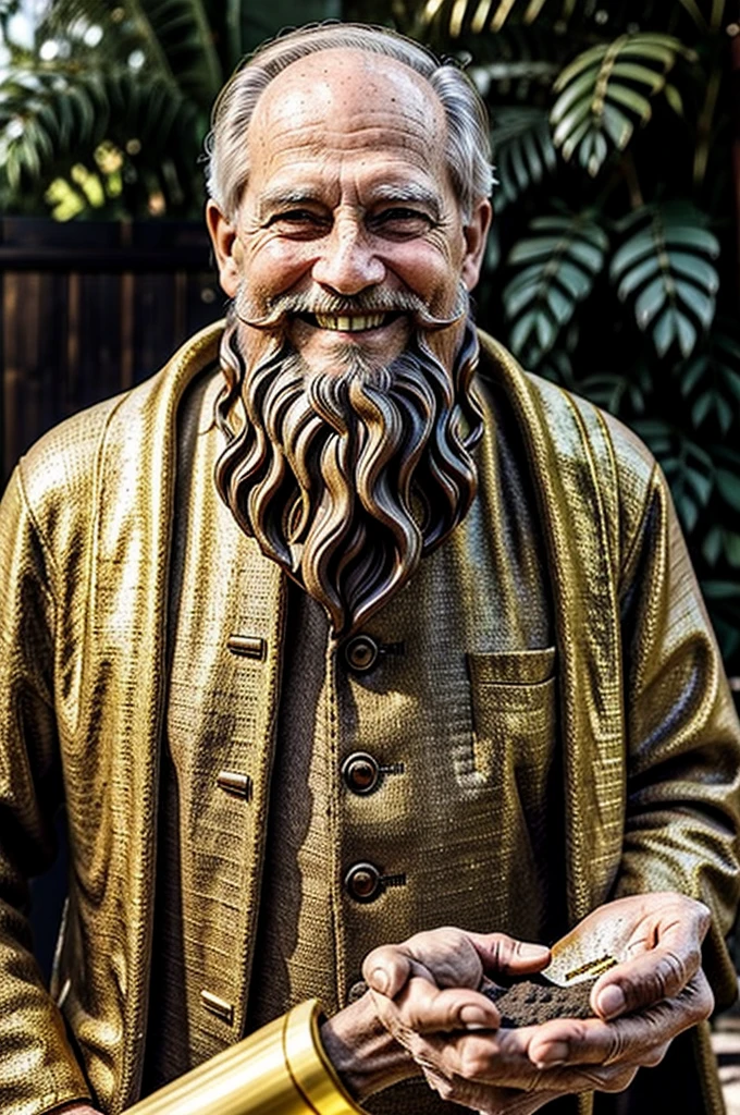 1guy, 80 years old, cozy beard, healthy, happy, smiling, digging out a golden statues of jesus, backyard, realistic, midjourney