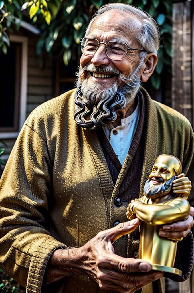1guy, 80 years old, cozy beard, healthy, happy, smiling, digging out a golden statues of jesus, backyard, realistic, midjourney