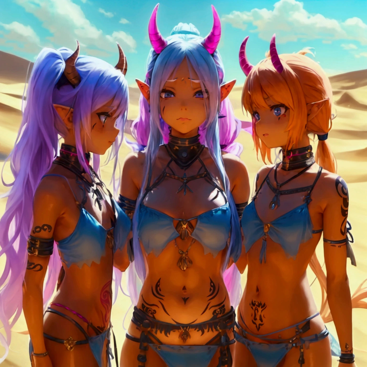 five  skinny and naked girls, long hair, hair of different colors, two with twintail hair, one with ponytail hair, two with loose hair, all five little with small breasts, detailed ass, anus, pussy, all little girls with horns. demon, all little girls with dazzling eyes, all girls with tribal tattoos, all girls in stockings and boots, in the desert sands, ultra HD, 8K
