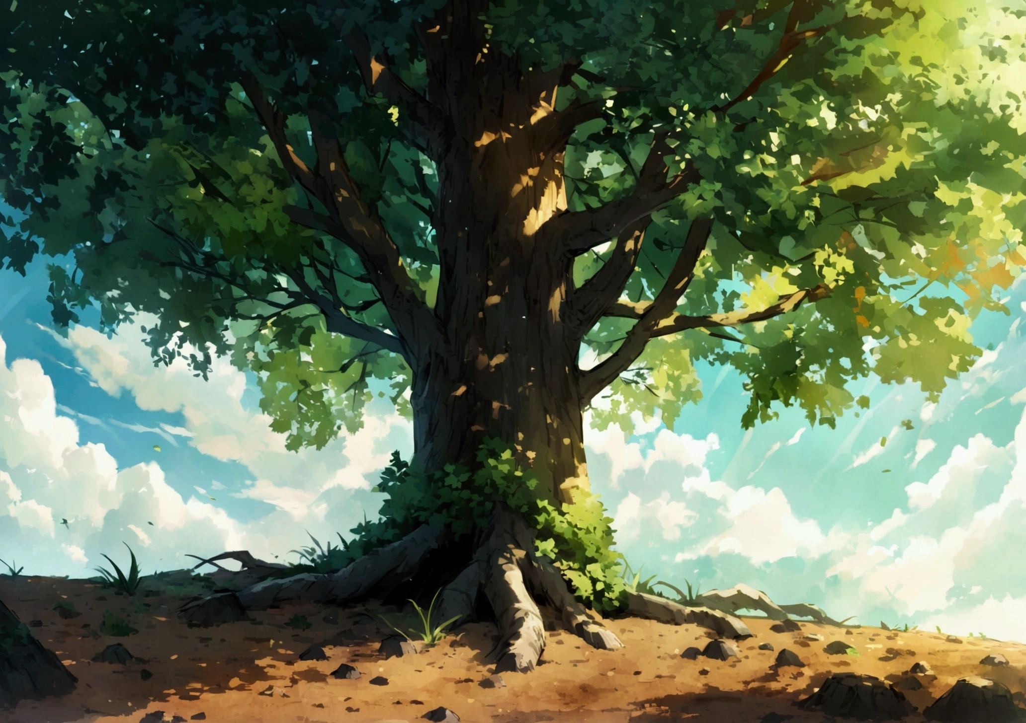 fantasy forest close up of dirt ground infront of tree high detail normal colors like green big tree stump in the front normal ground like from an anime