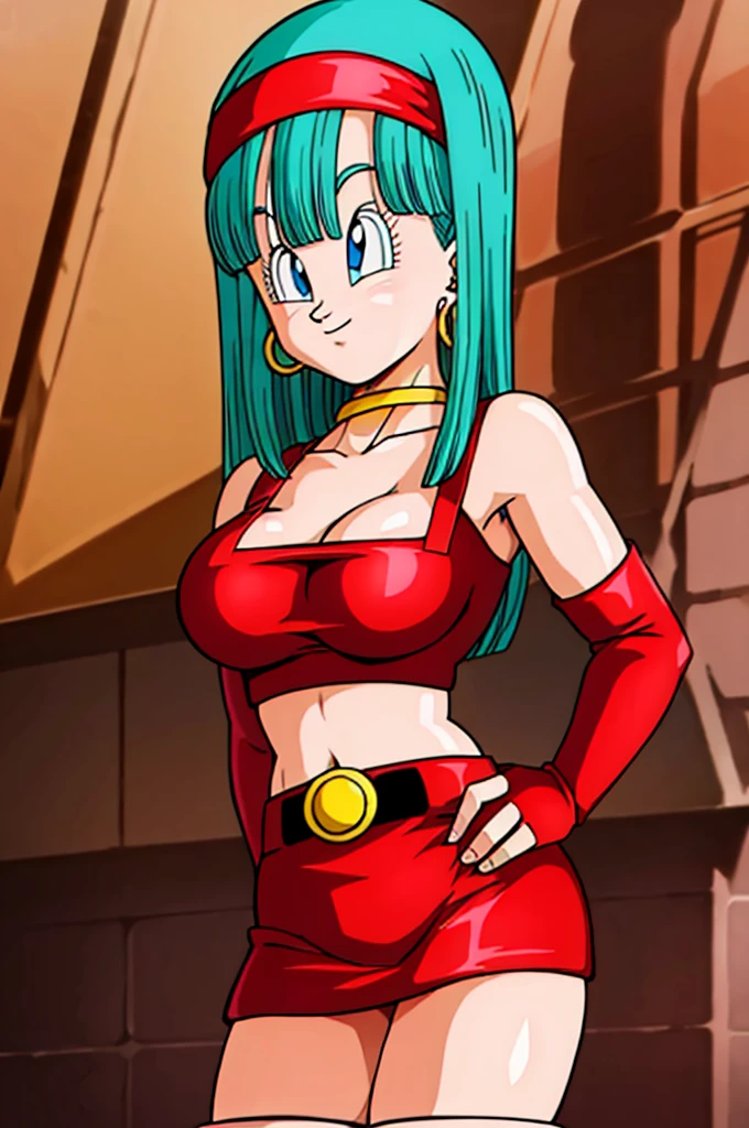 ultra detailed, masterpiece, best quality, solo, soft smile, light smile, Bulla, Dragon Ball,
long hair, aqua hairbangs, collarbonebridal gauntlets, eyelashes, hoop earrings, eyebrows,miniskirt,hairband, red hairband, earrings, blue eyes,elbow gloves, red gloves, fingerless gloves, crop top, red topwear, midriff, yellow belt, skirt, red skirt, big breast, big ass,confused face expresion, sin imperfecciones, dibujo perfecto, big breast,