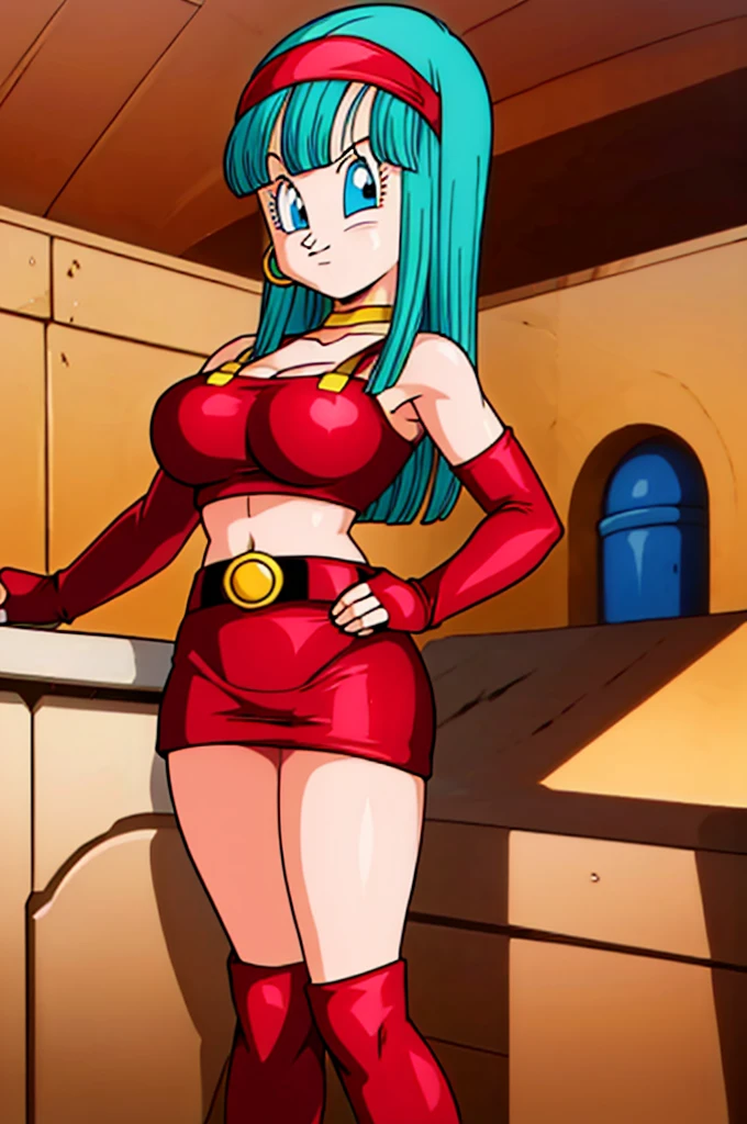 ultra detailed, masterpiece, best quality, solo, soft smile, light smile, Bulla, Dragon Ball,
long hair, aqua hairbangs, collarbonebridal gauntlets, eyelashes, hoop earrings, eyebrows,miniskirt,hairband, red hairband, earrings, blue eyes,elbow gloves, red gloves, fingerless gloves, crop top, red topwear, midriff, yellow belt, skirt, red skirt, big breast, big ass,confused face expresion, sin imperfecciones, dibujo perfecto, big breast,