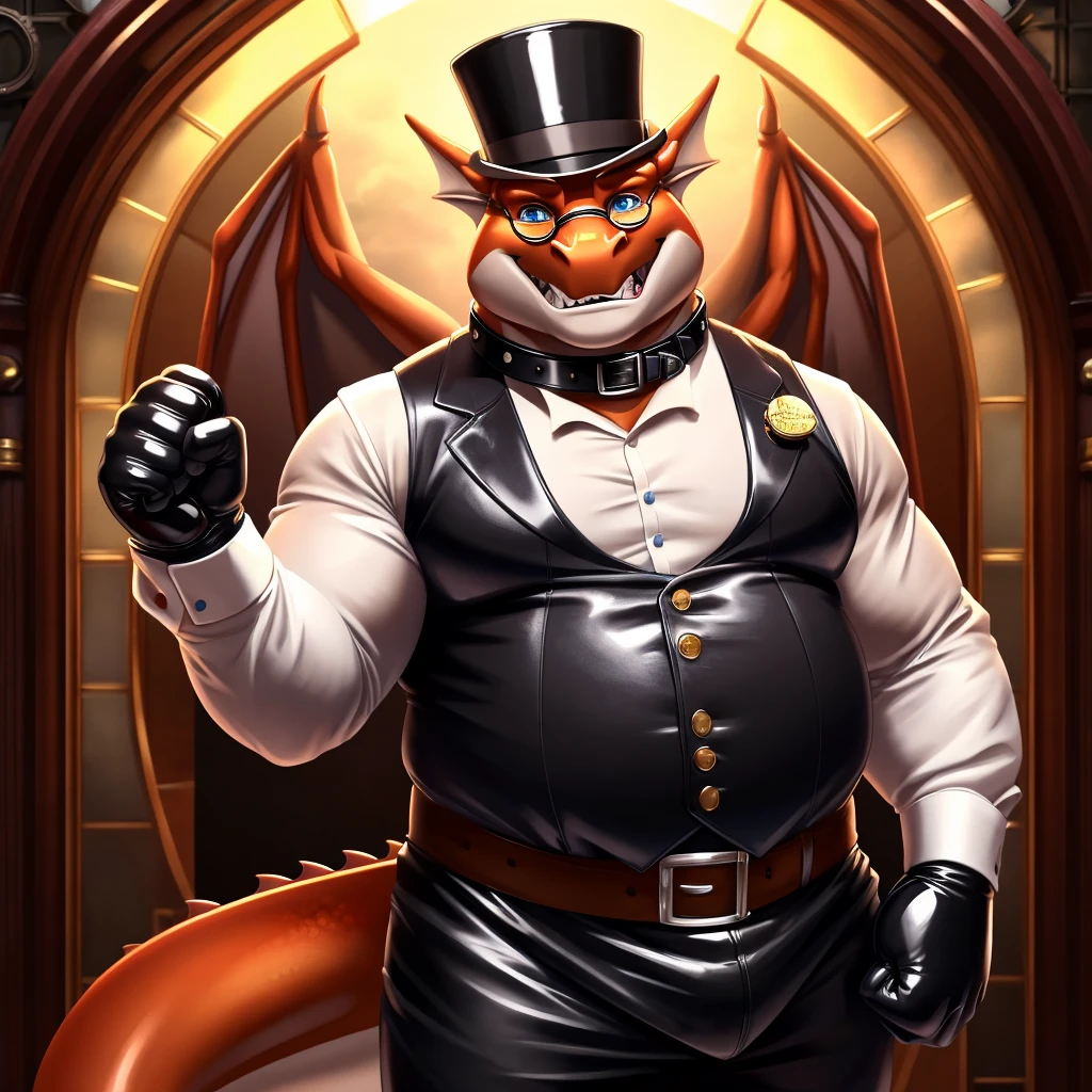 Solo, Male, fat, extremely obese, gentleman, dapper Professor Dragon, with a large penis and testicles, ejaculating extreme amounts of sperm from the penis, shooting large worm-shaped sperm from the penis, blue eyes, (posing:1.3), (soft shading), 4k, hi res, ((detailed face, detailed)), looking at viewer, evil grin, steampunk, collared shirt with buttons, top hat, male focus, Explorer Outfit, glasses, monocle, bag, vest with buttons, backpack, sleeves rolled up, round eyewear, brown headwear, brown vest, Dragon is wearing a glossy leather dog collar around the neck, Dragon is wearing the leather collar and shirt and vest at the same time, Dragon is wearing glossy white rubber gloves on the hands, wearing white rubber gloves on the feet, Dragon is wearing glossy white cuffs around the wrists with cufflinks, gloves are rubber in texture, clenching teeth, Dragon is rubbing his penis with hands, leather collar is glossy and shiny with a lot of detail, Dragon is wearing gloves and cuffs and cufflinks at the same time, leather collar has a round dog-tag, leather collar is thick and detailed, sperm is sticky in texture, sperm is shaped like a worm.