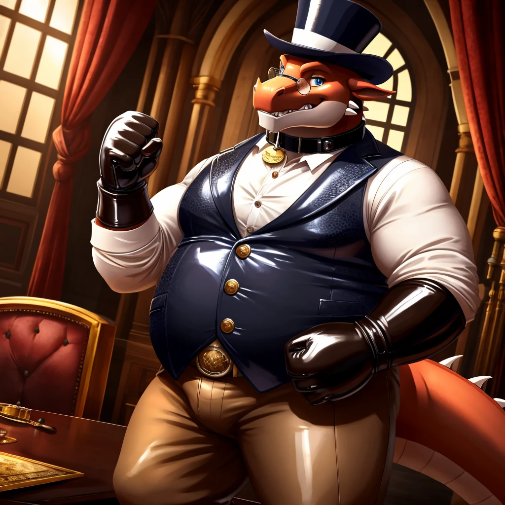 Solo, Male, fat, extremely obese, gentleman, dapper Professor Dragon, blue eyes, (posing:1.3), (soft shading), 4k, hi res, ((detailed face, detailed)), looking at viewer, mouth wide open, steampunk, collared shirt with buttons, top hat, male focus, Explorer Outfit, glasses, monocle, vest with buttons, sleeves rolled up, round eyewear, brown headwear, brown vest, Dragon is wearing a glossy brown leather dog collar around the neck, Dragon is wearing the leather collar and shirt and vest at the same time, Dragon is wearing glossy white rubber gloves on the hands, wearing white rubber gloves on the feet, gloves are rubber in texture, clenching teeth, clenching fists, leather collar is glossy and shiny with a lot of detail, Dragon is wearing gloves and leather collar at the same time, leather collar has a round dog-tag, leather collar is thick and detailed, leather collar is glossy and shiny, fancy clothing, dapper vest, dapper shirt, leather collar is thick.
