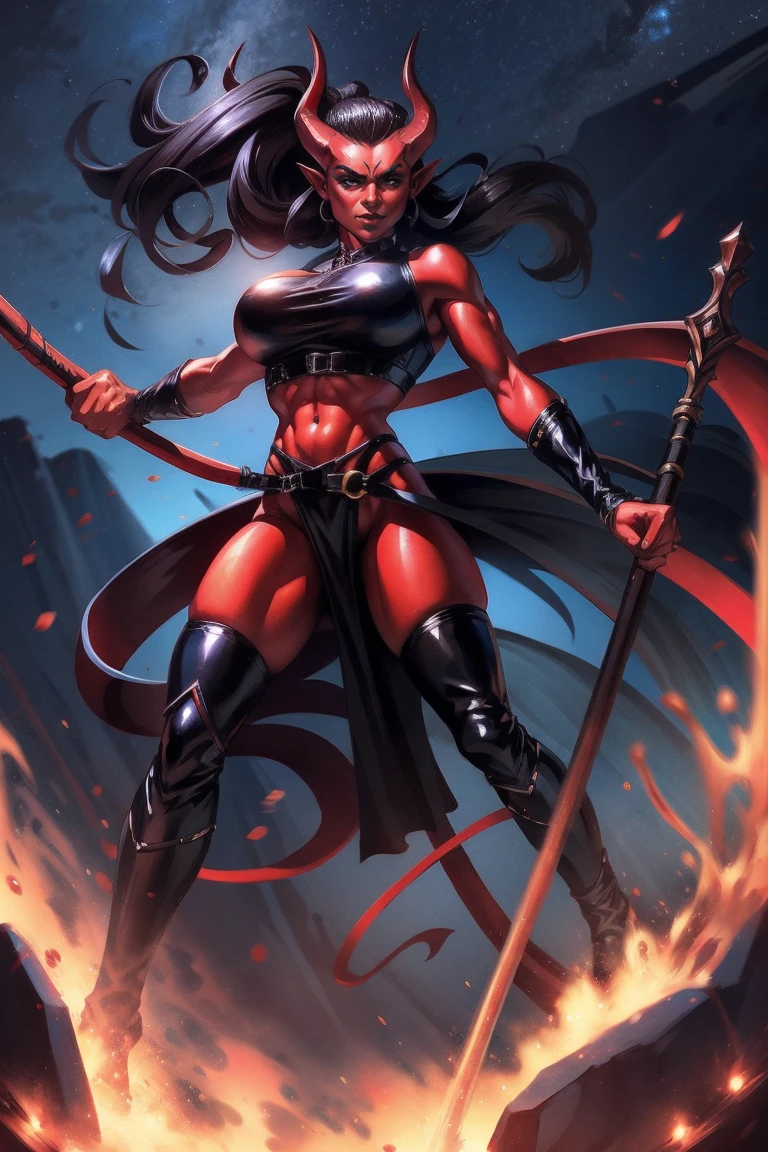 Red skin succubus tiefling, medium breasts, black horns, wings, huge tail, black leather, crop top, long flowing pelvic curtain, tall, toned, graceful, thin, long black ponytail. Action scene, whip. Dark scene, explosions, night sky.