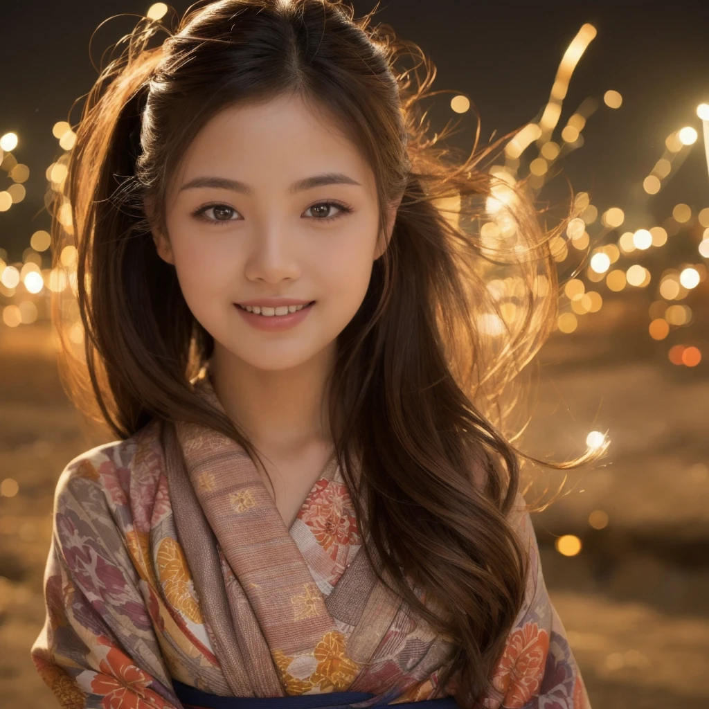 (“solo” Detailed and realistic portrait of a beautiful young Asian woman。She has long light brown hair and big light brown eyes. )A beautiful woman with her hair up, wearing a vibrant yukata, under the night sky. The light from the sparkler softly illuminates her face, highlighting her charming smile. The background exudes the quiet ambiance of a summer night, with distant fireworks audible in the distance.