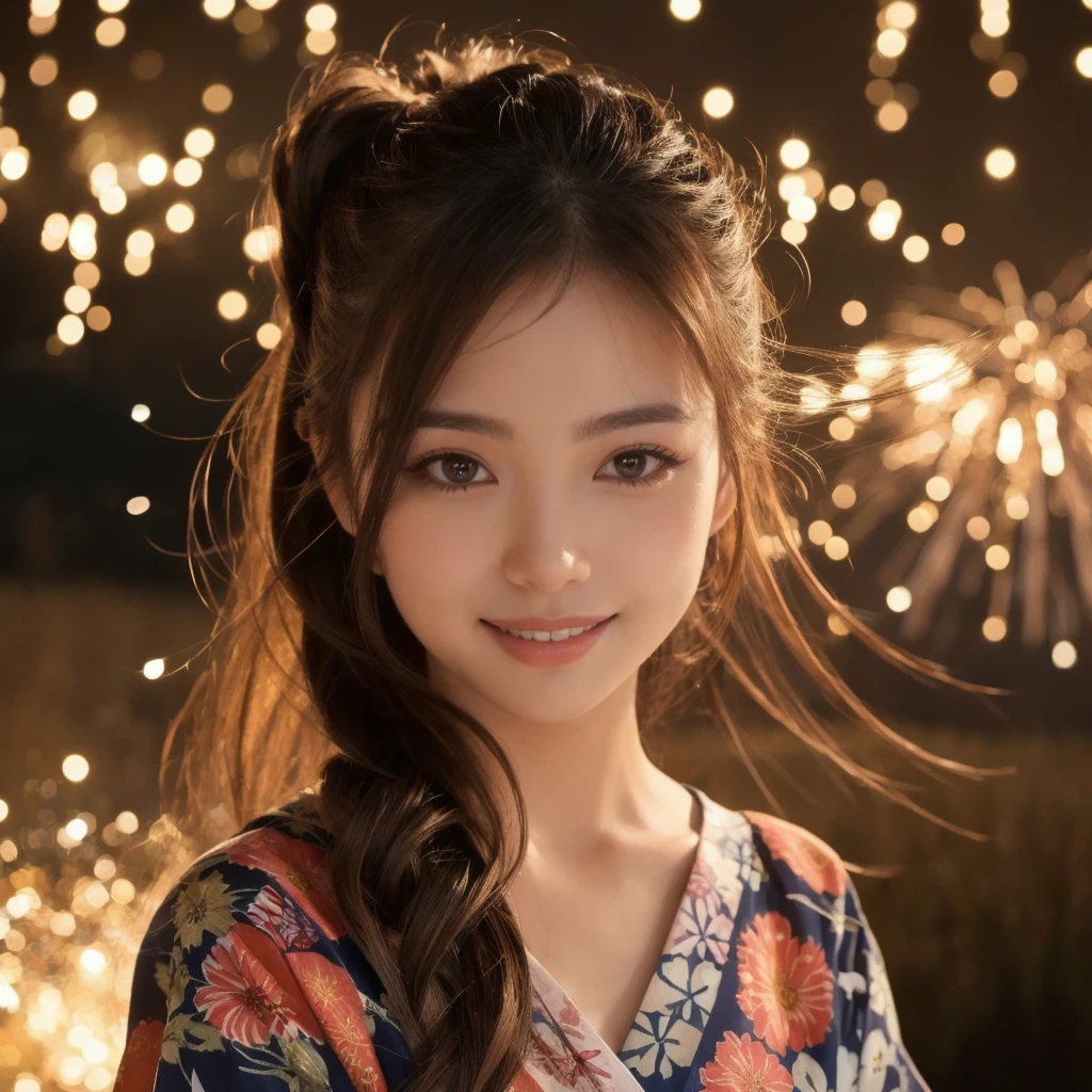 (“solo” Detailed and realistic portrait of a beautiful young Asian woman。She has long light brown hair and big light brown eyes. )A beautiful woman with her hair up, wearing a vibrant yukata, under the night sky. The light from the sparkler softly illuminates her face, highlighting her charming smile. The background exudes the quiet ambiance of a summer night, with distant fireworks audible in the distance.