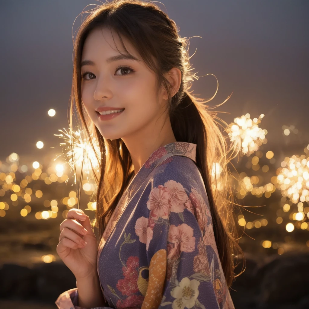 (“solo” Detailed and realistic portrait of a beautiful young Asian woman。She has long light brown hair and big light brown eyes. )A beautiful woman with her hair up, wearing a vibrant yukata, under the night sky. The light from the sparkler softly illuminates her face, highlighting her charming smile. The background exudes the quiet ambiance of a summer night, with distant fireworks audible in the distance.