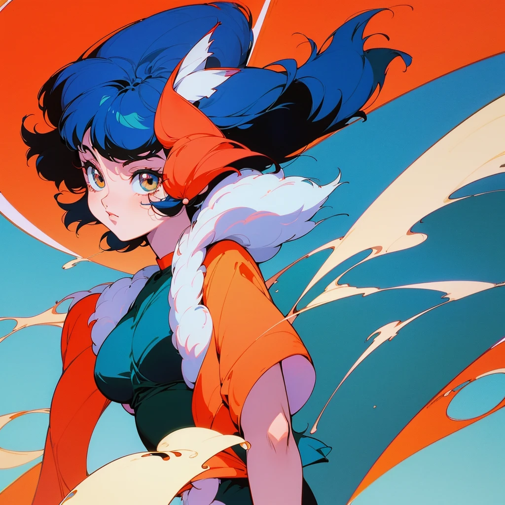 Anime girl with dark blue hair)(pixie cut hair)(Red dress)(big brown eyes)(By Rumiko Takahashi, inspired By Rumiko Takahashi, Fubuki, Rumiko, 80s anime this style)(80s anime art style