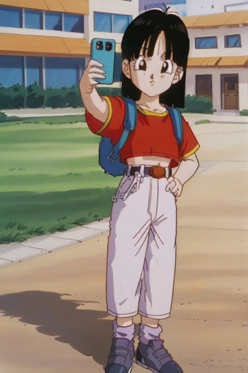 high peg high heels platform high-heeled pink sandals, young girl appareance, fountain_アニメ, punctuation_9, punctuation_8_High above, punctuation_7_High above, captura de tela de アニメ,8k, absurd resolution, Pan \(Dragon sphere\), 1 girl, high peg high heels platform high-heeled pink sandals, 5'1" tall, standing alone, high-heeled pink sandals, looking ahead at viewer, shorth hair, bangss, Bblack hair, whole body, manga curta, high peg high heels platform high-heeled pink sandals, black gloves, gold trim, waist belt, blue bag, high peg high heels platform high-heeled pink sandals, eyes black, chain, crossed arms, cross legs, standing, duffel bag, JEANS, Red shirt, orange bandana, retro artstyled, female child, grey Pants, money belt, legging roxa, high-heeled pink sandals, V-shaped eyebrows, from low, stone, tummy, clavicle, standing, high peg high heels platform high-heeled pink sandals high heels sandals, full body, platform high-heeled pink sandals, 1990s \(styled\)