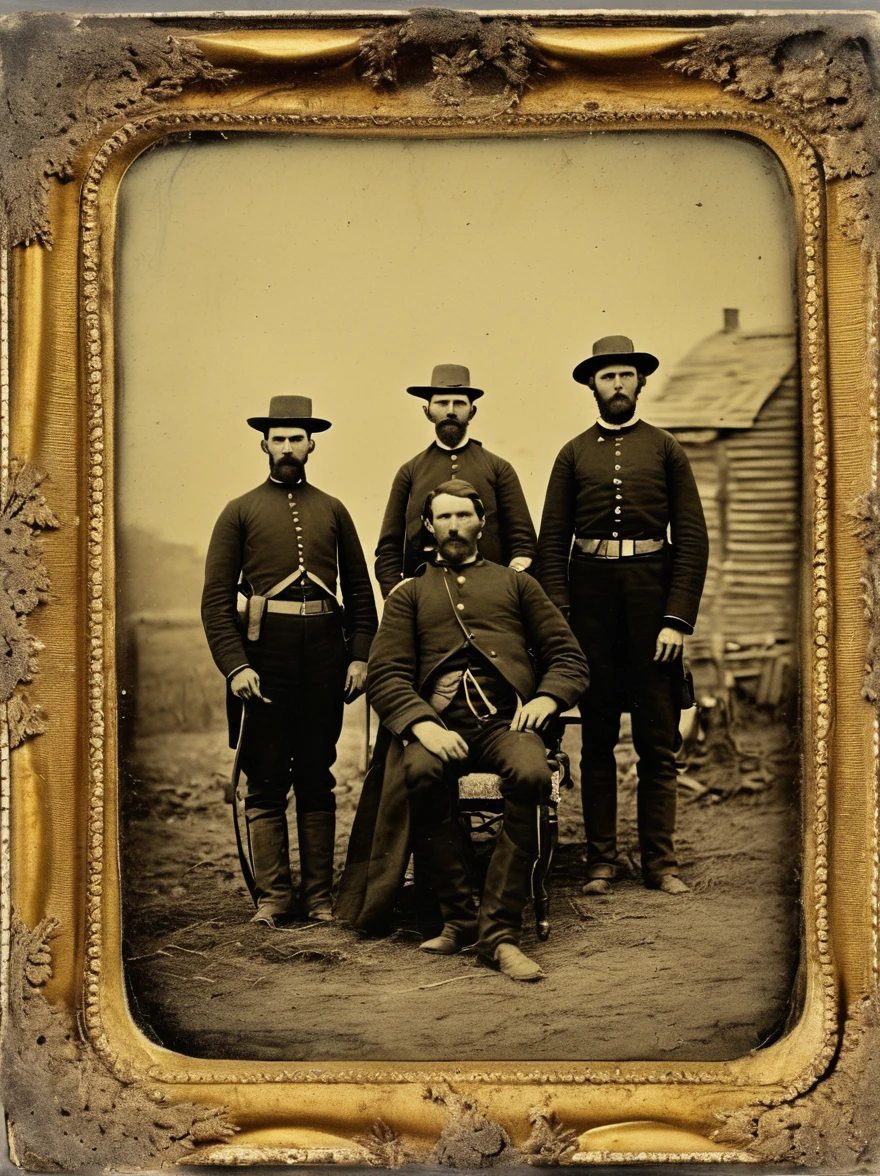In a dusty old frame, a yellowed
daguerreotype depicts a group of
Civil War soldiers standing
stoically in front of their barracks.
Upon closer examination, ghostly
apparitions can be seen lingering
in the background, their spectral
forms a haunting reminder of lives
lost long ago.
