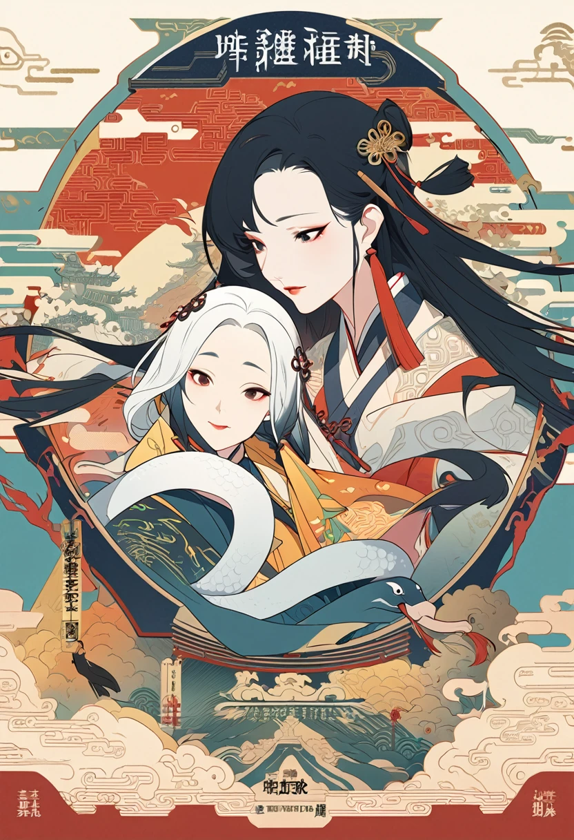 cover page, Four major folk legends of ancient China, The Legend of the White Snake, Bai she zhuàn, flat Design, vector illustrations, graphic illustration, detailed 2d illustration, flat illustration, digital illustration, digital artwork,