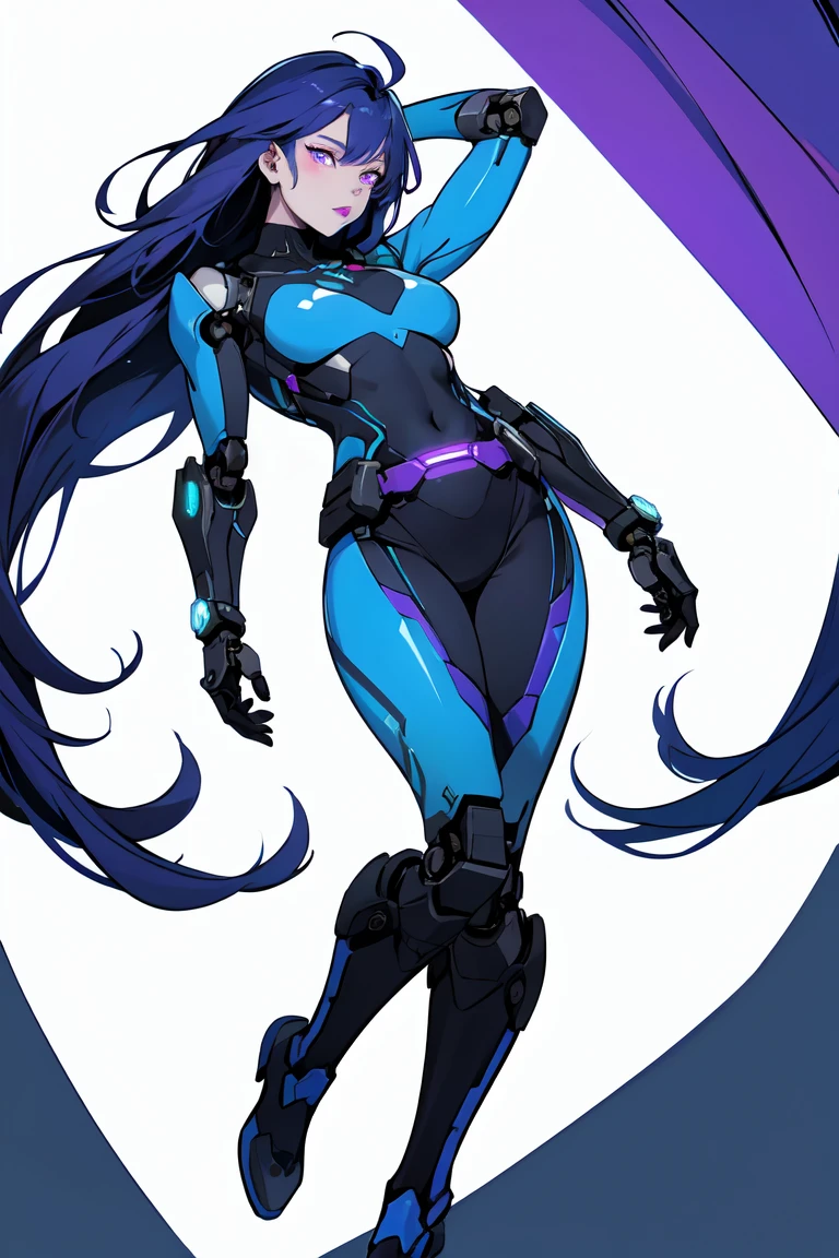 1. Light-skinned robot woman 2. Long spiky navy blue hair/dark 3. lips painted blue and purple 4. Purple eyes 5. Attractive clothing with technological and robotic implants whose predominant colors are Blue and Purple 6. wears dark blue boots 7. He has blue gloves 8. Both his arms and legs are uncovered., that is to say, His combat suit with technology and robotic parts only covers his torso., waist and chest, the elbows, arms and legs are uncovered.