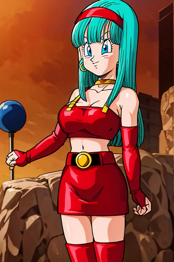 ultra detailed, masterpiece, best quality, solo, soft smile, light smile, Bulla, Dragon Ball,
long hair, aqua hairbangs, collarbonebridal gauntlets, eyelashes, hoop earrings, eyebrows,miniskirt,hairband, red hairband, earrings, blue eyes,elbow gloves, red gloves, fingerless gloves, crop top, red topwear, midriff, yellow belt, skirt, red skirt, big breast, big ass,confused face expresion, sin imperfecciones, dibujo perfecto, masive breast,