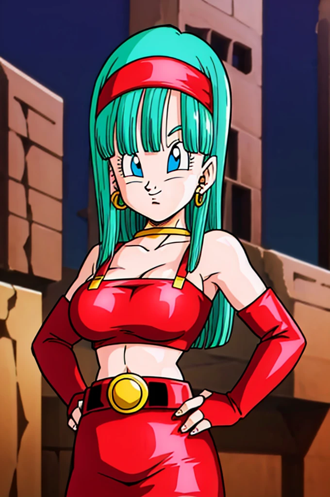 ultra detailed, masterpiece, best quality, solo, soft smile, light smile, Bulla, Dragon Ball,
long hair, aqua hairbangs, collarbonebridal gauntlets, eyelashes, hoop earrings, eyebrows,miniskirt,hairband, red hairband, earrings, blue eyes,elbow gloves, red gloves, fingerless gloves, crop top, red topwear, midriff, yellow belt, skirt, red skirt, big breast, big ass,confused face expresion, sin imperfecciones, dibujo perfecto, masive breast,