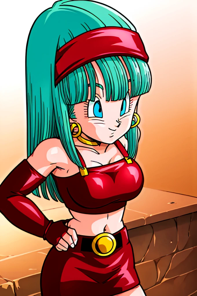 ultra detailed, masterpiece, best quality, solo, soft smile, light smile, Bulla, Dragon Ball,
long hair, aqua hairbangs, collarbonebridal gauntlets, eyelashes, hoop earrings, eyebrows,miniskirt,hairband, red hairband, earrings, blue eyes,elbow gloves, red gloves, fingerless gloves, crop top, red topwear, midriff, yellow belt, skirt, red skirt, big breast, big ass,confused face expresion, sin imperfecciones, dibujo perfecto, masive breast,