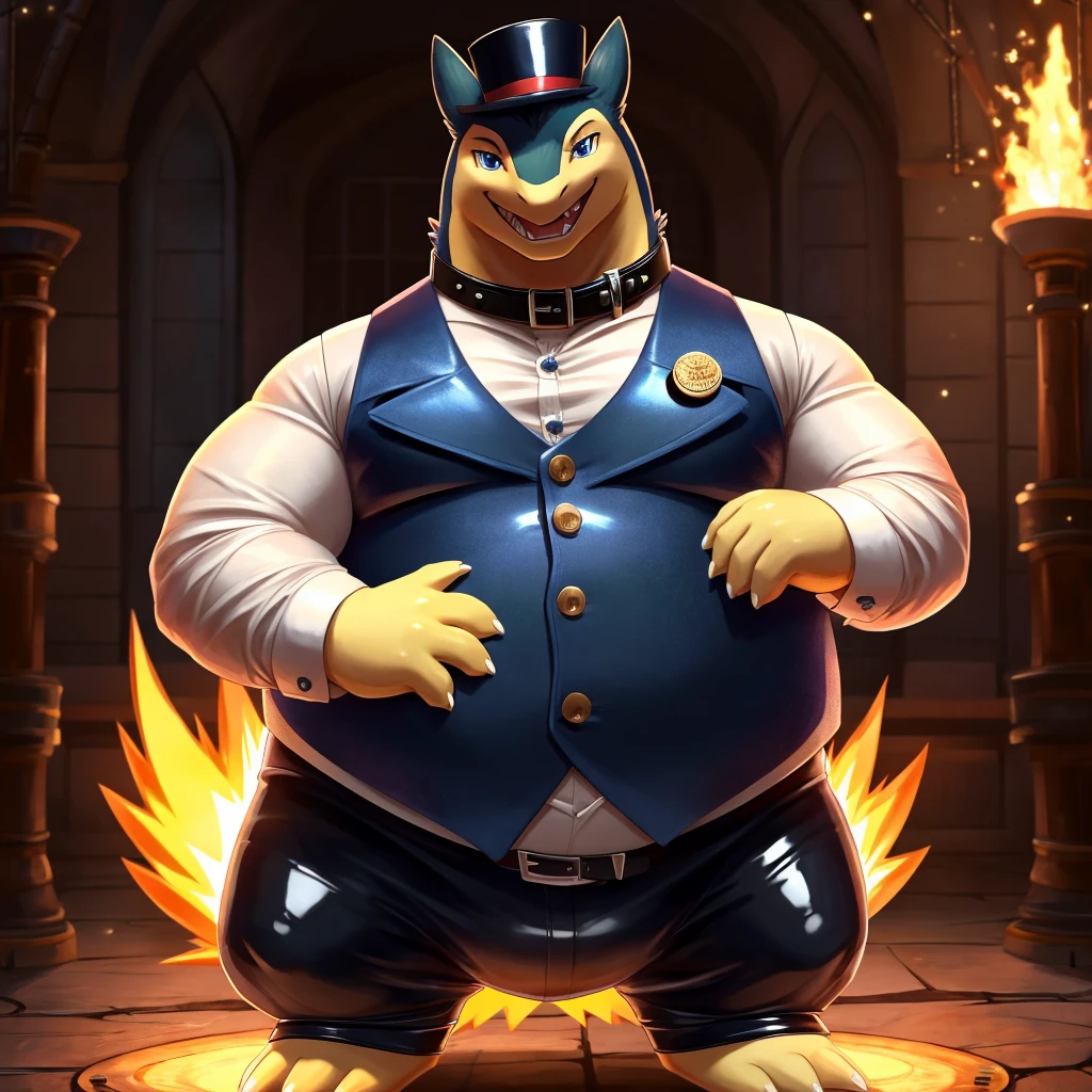 Solo, Male, fat, extremely obese, gentleman, dapper Professor Typhlosion, blue eyes, (posing:1.3), (soft shading), 4k, hi res, ((detailed face, detailed)), looking at viewer, mouth wide open, steampunk, collared shirt with buttons, top hat, male focus, Explorer Outfit, glasses, monocle, vest with buttons, sleeves rolled up, round eyewear, brown headwear, brown vest, Typhlosion is wearing a glossy leather dog collar around the neck, Typhlosion is wearing the leather collar and shirt and vest at the same time, Typhlosion is wearing glossy white rubber gloves on the hands, wearing white rubber gloves on the feet, gloves are rubber in texture, clenching teeth, clenching fists, leather collar is glossy and shiny with a lot of detail, Typhlosion is wearing gloves and leather collar at the same time, leather collar has a round dog-tag, leather collar is thick and detailed, leather collar is glossy and shiny, fancy clothing, dapper vest, dapper shirt, leather collar is thick.