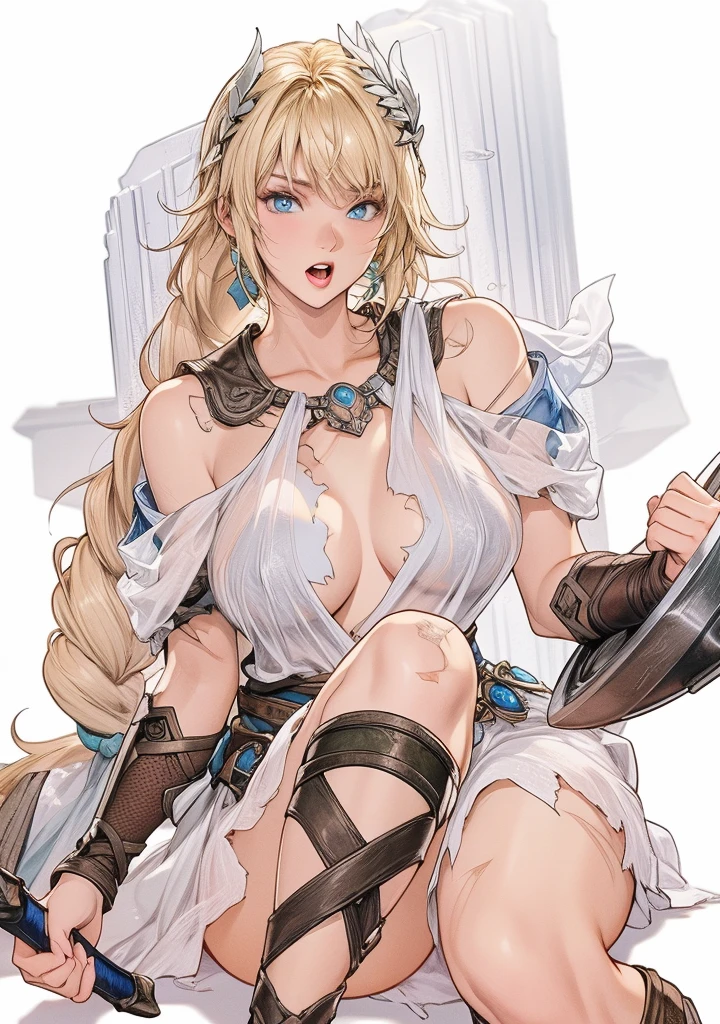 perfect eyes:1.2, detailed eyes:1.4, SoulCaliburSophitia, blue eyes, blonde hair, large breasts, hair ornament, screaming, pain, scars, scratches, torn clothes, nipples under clothes, transparent clothes, see through, white dress, long hair, shield, sword, braided ponytail, 1girl, solo, (masterpiece:1.6, best quality), 8k, insane details, intricate details, hyperdetailed, hyper quality, high detail, ultra detailed, professional, HDR, ray tracing reflection, cinematic lighting,