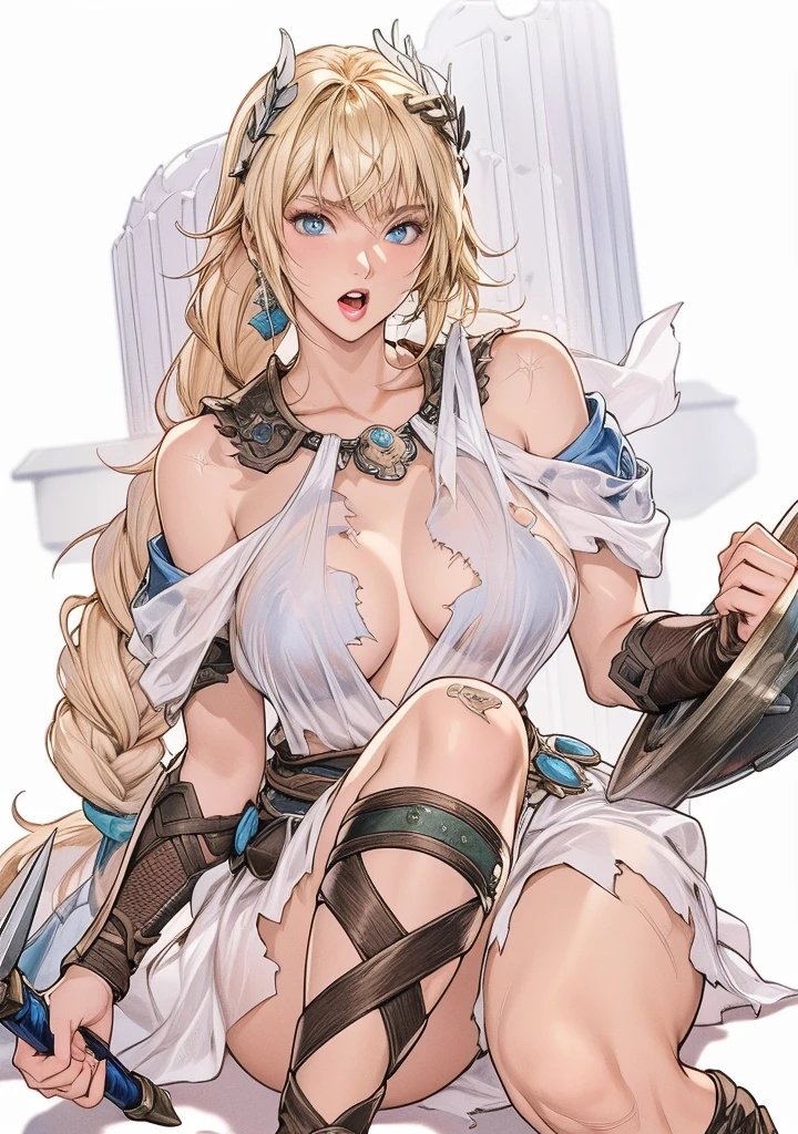 perfect eyes:1.2, detailed eyes:1.4, SoulCaliburSophitia, blue eyes, blonde hair, large breasts, hair ornament, screaming, pain, scars, scratches, torn clothes, nipples under clothes, transparent clothes, see through, white dress, long hair, shield, sword, braided ponytail, 1girl, solo, (masterpiece:1.6, best quality), 8k, insane details, intricate details, hyperdetailed, hyper quality, high detail, ultra detailed, professional, HDR, ray tracing reflection, cinematic lighting,