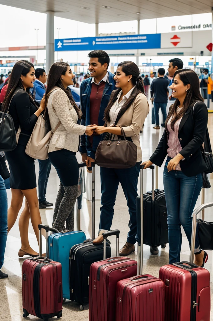 ### Viñeta 1: But
**Description:** "Una escena concurrida en el Butropuerto Jorge Chávez en Lima,ye signs in spanish, people with suitcases and a welcoming atmosphere. The arrivals area is full of activity, with travelers greeting each other and airport staff assisting passengers."
#