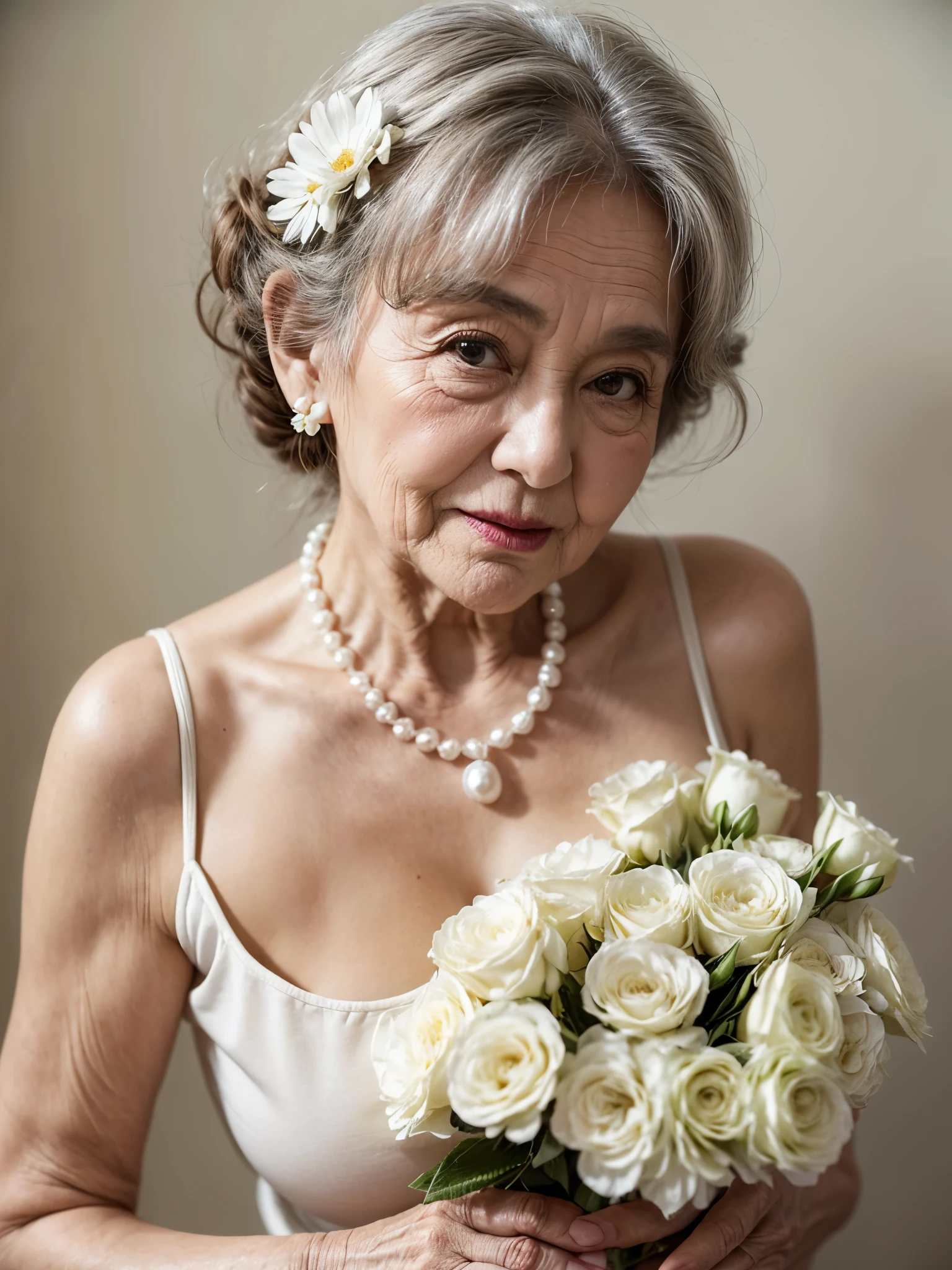 Beautiful elderly woman, cute,sexy,80 years old,,sexy,Wear a pearl necklace, Flowers in her hair, hair bunches, holding a little bunch of white flowers in her hand, posing with flowers, old woman, Ultra big Big saggy soft:1.4, Breasts, Curly Hair, big nipples, mature nipples