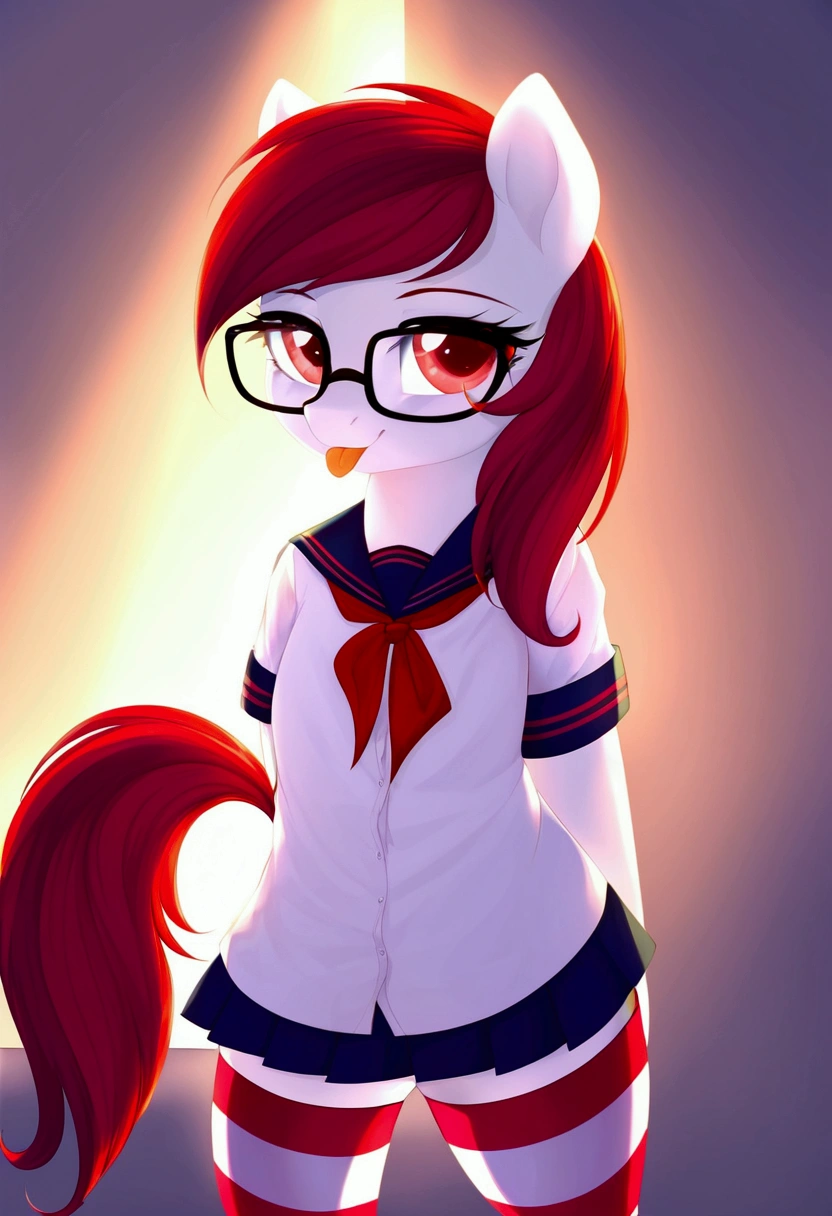 radiant lighting, vibrant colors, whimsical atmosphere, 8K, high resolution, highly detailed, masterpiece, (((my little pony))), four stockings, (red hair, white body, red eyes) cute face, tongue out, (school uniform), striped stockings, staying, cool glasses, transparent panties