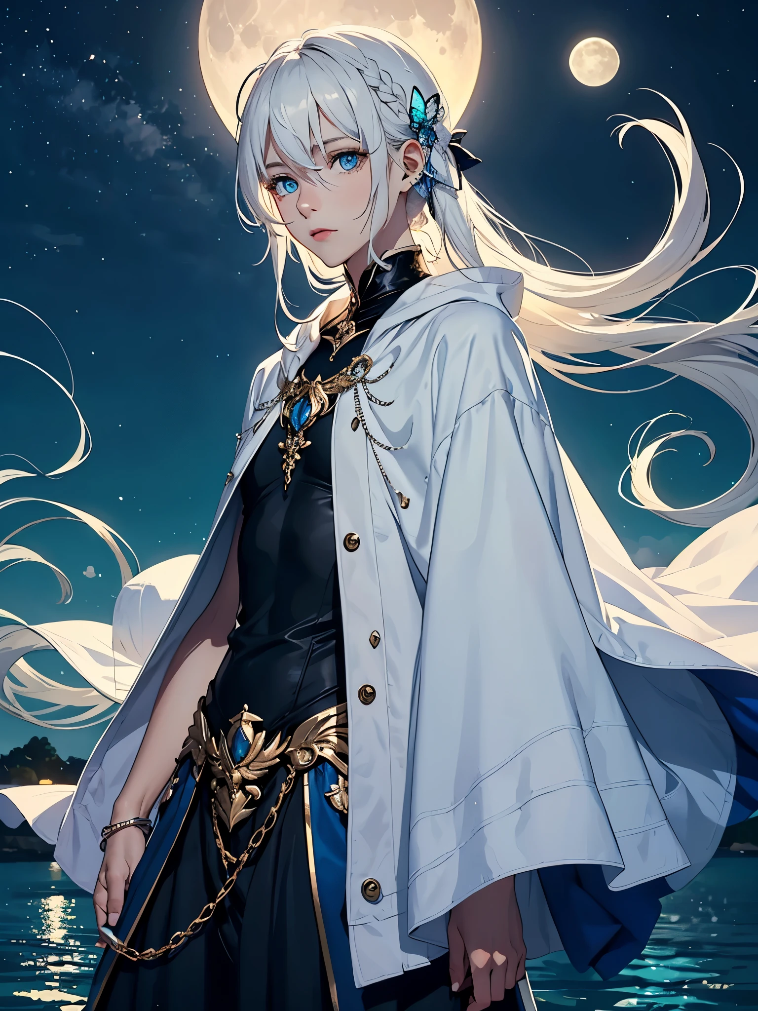 Silberner schmuck. Weiblicher. Weiße kleidung. Hellblaue schmetterlinge. Weiblich. Long hair. long white hair. aquatic, boy, Goddess of the Moon, silver hair accessories, White hair, White dress, cape, at night, saturated colors, light eyes, bright, light blue light, blue eyes, Jewelry silver, bluish light, Full moon in the background, aquatic in der Luft rosa kerzen
