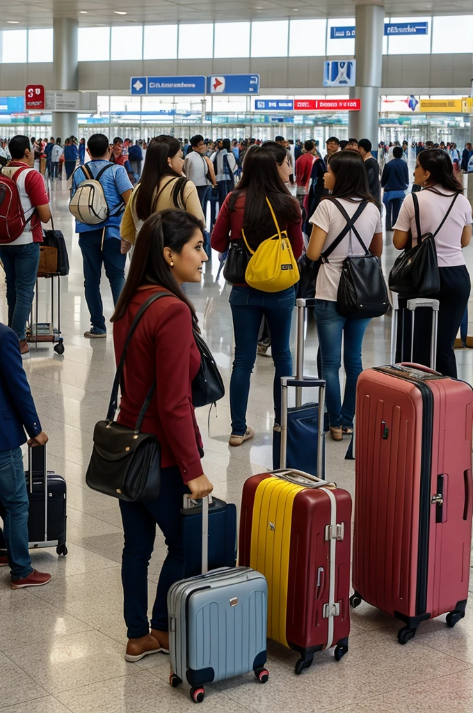 

### Viñeta 1: But
**Description:** "Una escena concurrida en el Butropuerto Jorge Chávez en Lima,ye signs in spanish, people with suitcases and a welcoming atmosphere. The arrivals area is full of activity, with travelers greeting each other and airport staff assisting passengers."

#