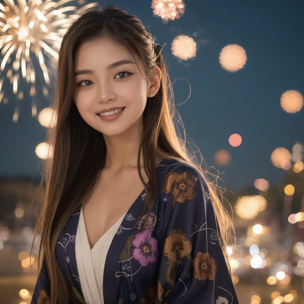 (“solo” Detailed and realistic portrait of a beautiful young Asian woman。She has long light brown hair and big light brown eyes. )A beautiful woman with her hair up, wearing a vibrant yukata, under the night sky. The light from the sparkler softly illuminates her face, highlighting her charming smile. The background exudes the quiet ambiance of a summer night, with distant fireworks audible in the distance.