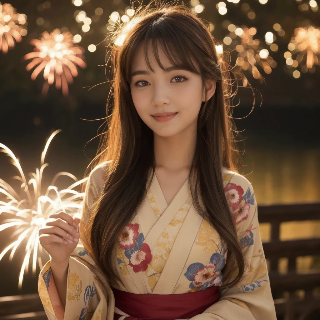 (“solo” Detailed and realistic portrait of a beautiful young Asian woman。She has long light brown hair and big light brown eyes. )A beautiful woman with her hair up, wearing a vibrant yukata, under the night sky. The light from the sparkler softly illuminates her face, highlighting her charming smile. The background exudes the quiet ambiance of a summer night, with distant fireworks audible in the distance.