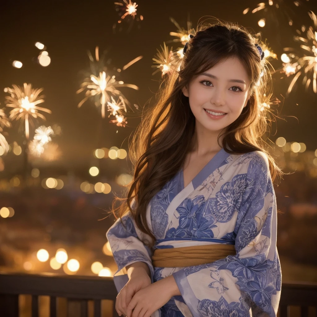 (“solo” Detailed and realistic portrait of a beautiful young Asian woman。She has long light brown hair and big light brown eyes. )A beautiful woman with her hair up, wearing a vibrant yukata, under the night sky. The light from the sparkler softly illuminates her face, highlighting her charming smile. The background exudes the quiet ambiance of a summer night, with distant fireworks audible in the distance.
