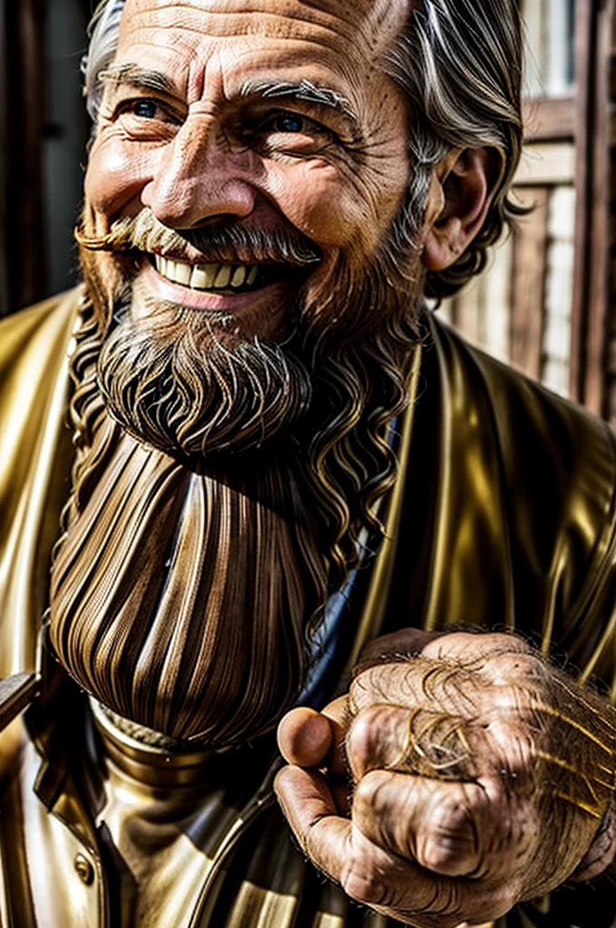 1guy, 80 years old, American, Short cozy beard, medium hair, healthy, happy, smiling, digging out a giant golden statues of jesus, backyard, realistic, midjourney, hyperrealistic