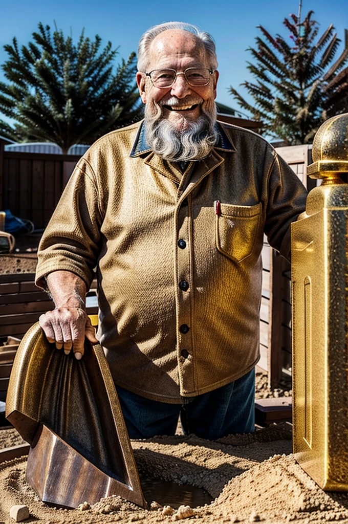 1guy, 80 years old, American, Short cozy beard, medium hair, healthy, happy, smiling, digging out a giant golden statues of jesus, backyard, realistic, midjourney, hyperrealistic