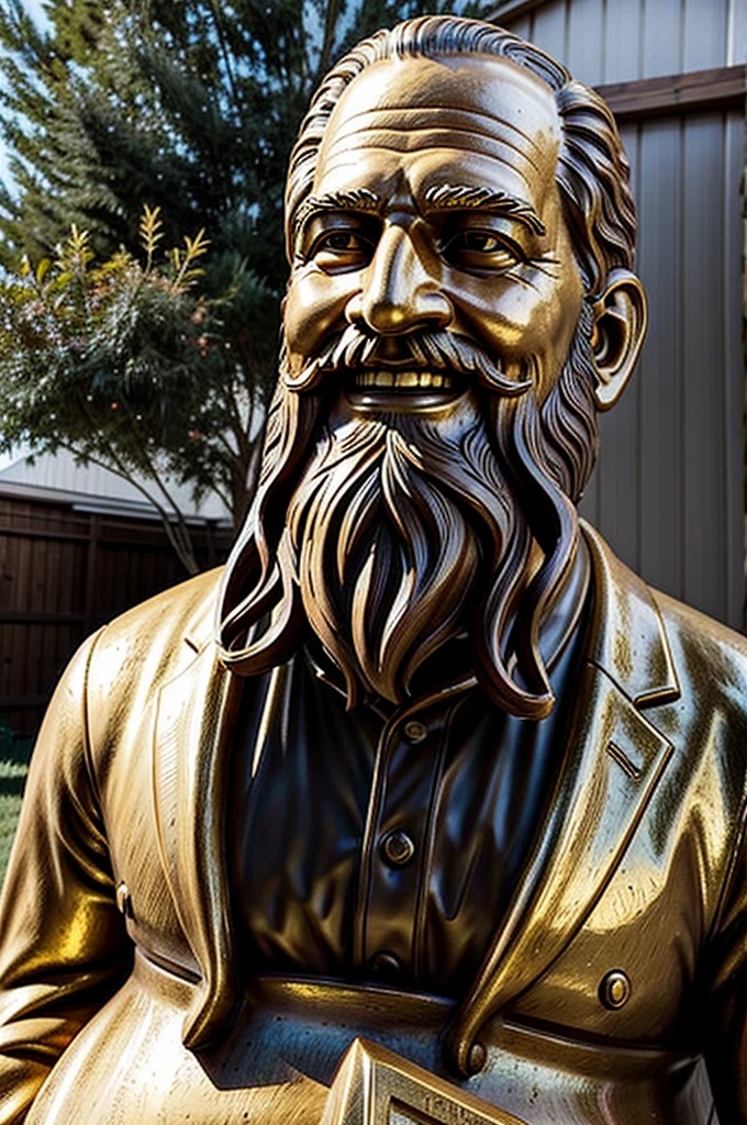 1guy, 80 years old, American, Short cozy beard, medium hair, healthy, happy, smiling, digging out a giant golden statues of jesus, backyard, realistic, midjourney, hyperrealistic