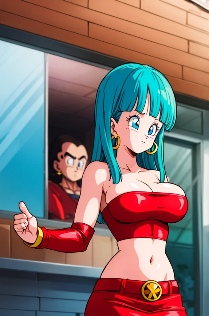 ultra detailed, masterpiece, best quality, solo, soft smile, light smile, Bulla, Dragon Ball,
long hair, aqua hairbangs, collarbonebridal gauntlets, eyelashes, hoop earrings, eyebrows,miniskirt,hairband, red hairband, earrings, blue eyes,elbow gloves, red gloves, fingerless gloves, crop top, red topwear, midriff, yellow belt, skirt, red skirt, big breast, big ass,confused face expresion, sin imperfecciones, dibujo perfecto, masive breast,