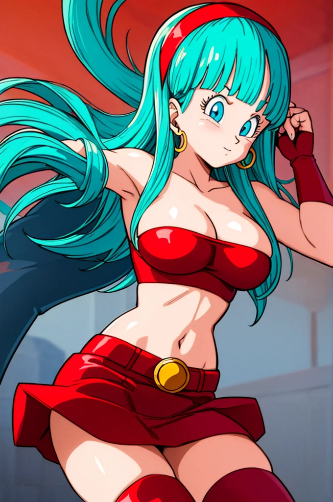 ultra detailed, masterpiece, best quality, solo, soft smile, light smile, Bulla, Dragon Ball,
long hair, aqua hairbangs, collarbonebridal gauntlets, eyelashes, hoop earrings, eyebrows,miniskirt,hairband, red hairband, earrings, blue eyes,elbow gloves, red gloves, fingerless gloves, crop top, red topwear, midriff, yellow belt, skirt, red skirt, big breast, big ass,confused face expresion, sin imperfecciones, dibujo perfecto, masive breast,
