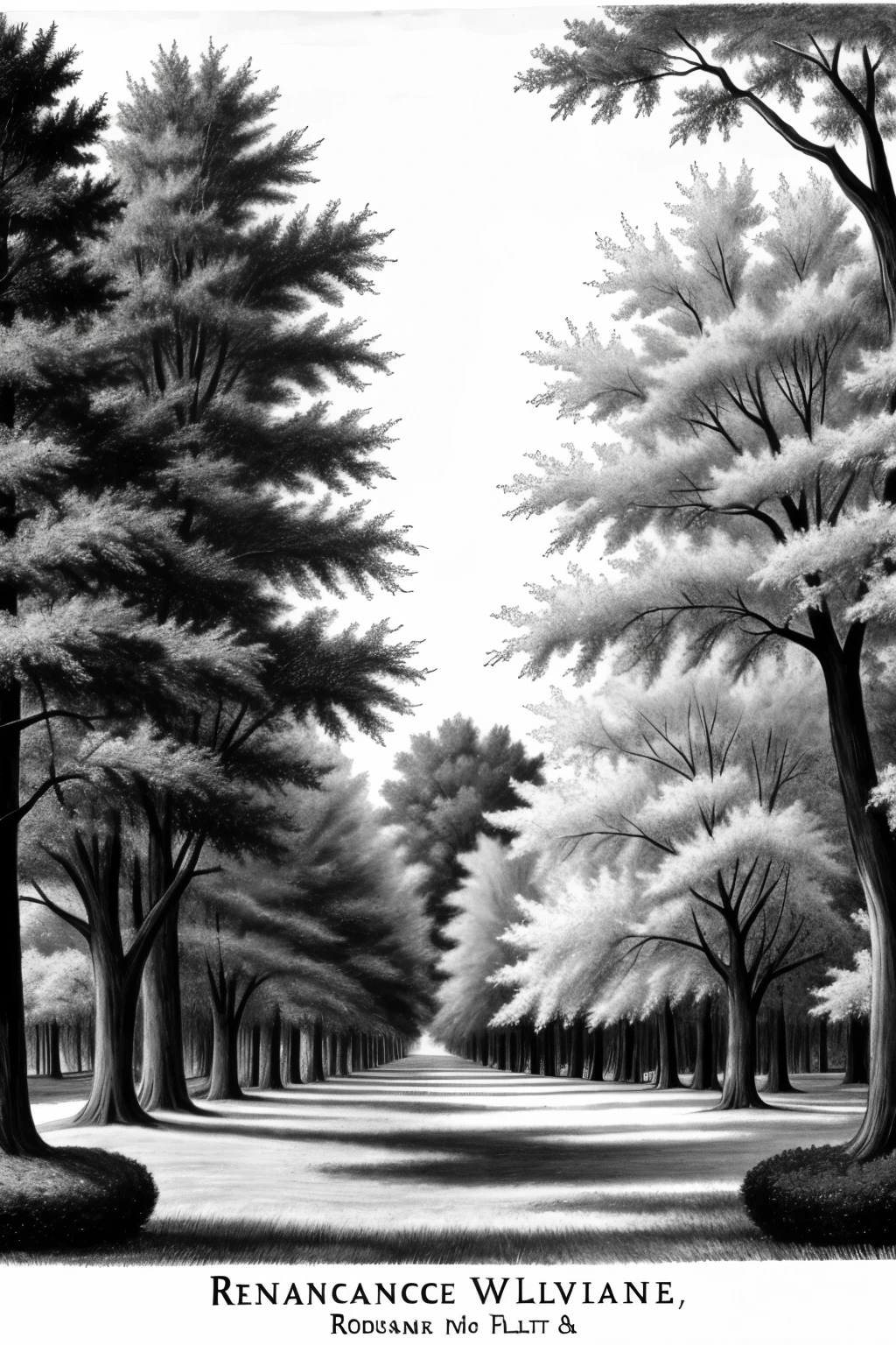 Renaissance black and white sketch style，Drawing plants and trees