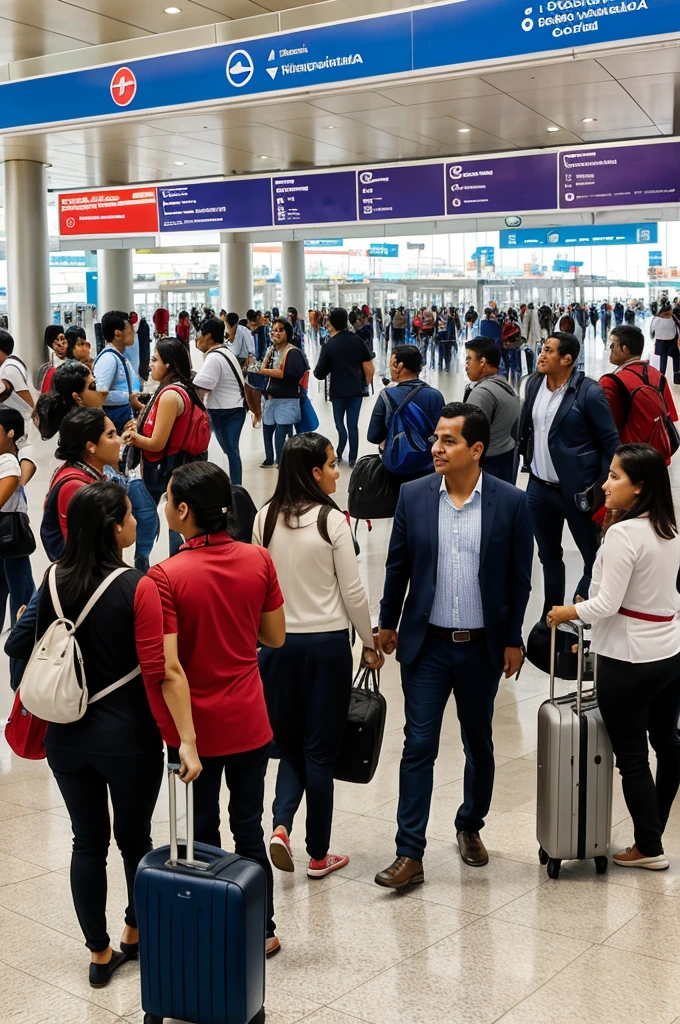 

### Viñeta 1: But
**Description:** "Una escena concurrida en el Butropuerto Jorge Chávez en Lima,ye signs in spanish, people with suitcases and a welcoming atmosphere. The arrivals area is full of activity, with travelers greeting each other and airport staff assisting passengers."

#