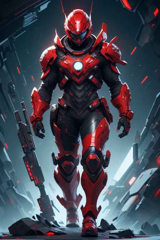 A man in a futuristic red helmet, futuristic red goggles, armored cyberpunk vest, black shirt, leather pants, ninja mask on mouth, cyberpunk, back view, red aura on back, (best quality,4k,8k,highres,masterpiece:1.2),ultra-detailed,(realistic,photorealistic,photo-realistic:1.37),digital painting,cinematic lighting,vibrant colors,dramatic atmosphere,intricate details