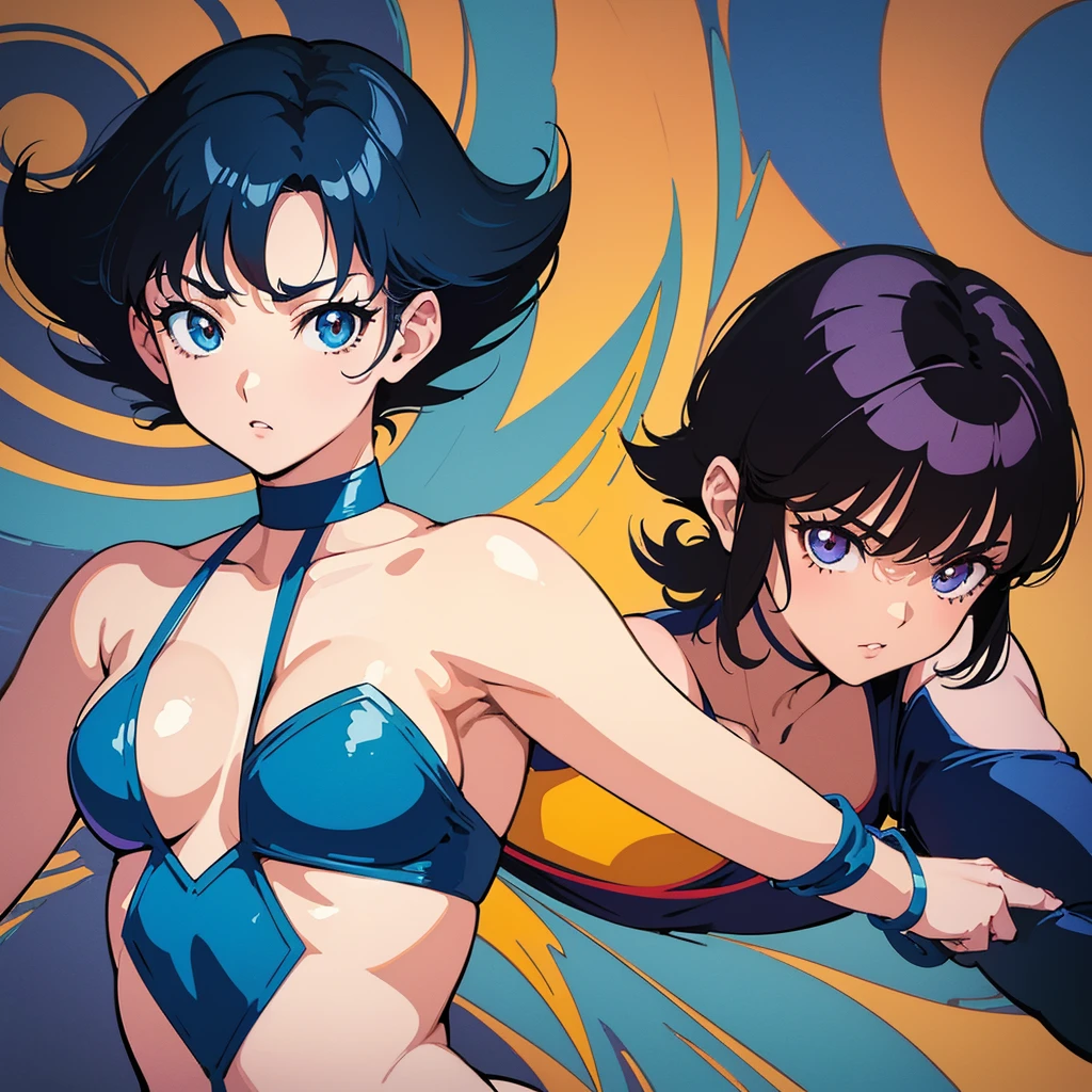 Anime girl with dark blue hair)(pixie cut hair)(Swimsuit)(big brown eyes)(By Rumiko Takahashi, inspired By Rumiko Takahashi, Fubuki, Rumiko, 80s anime this style)(80s anime art style