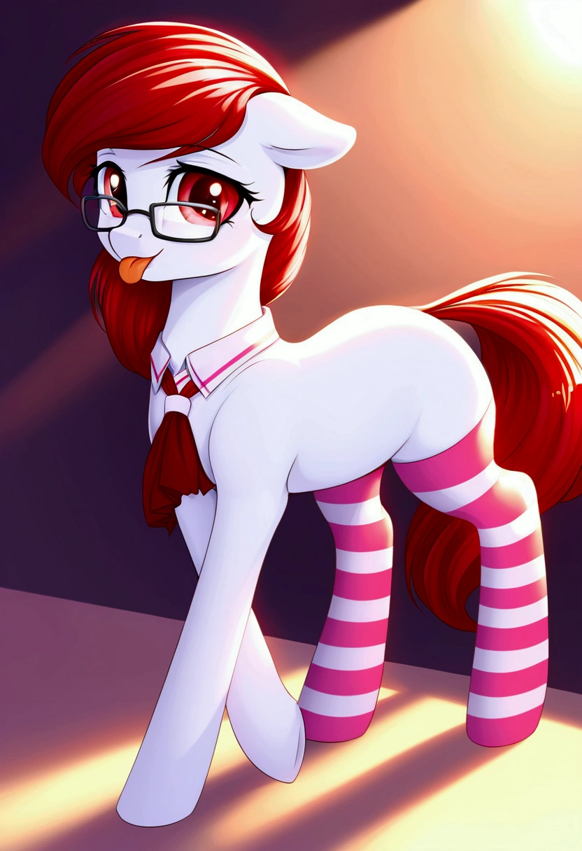 radiant lighting, vibrant colors, whimsical atmosphere, 8K, high resolution, highly detailed, masterpiece, (((my little pony))), four stockings, (red hair, white body, red eyes) cute face, tongue out, (school uniform), striped stockings, staying, cool glasses 