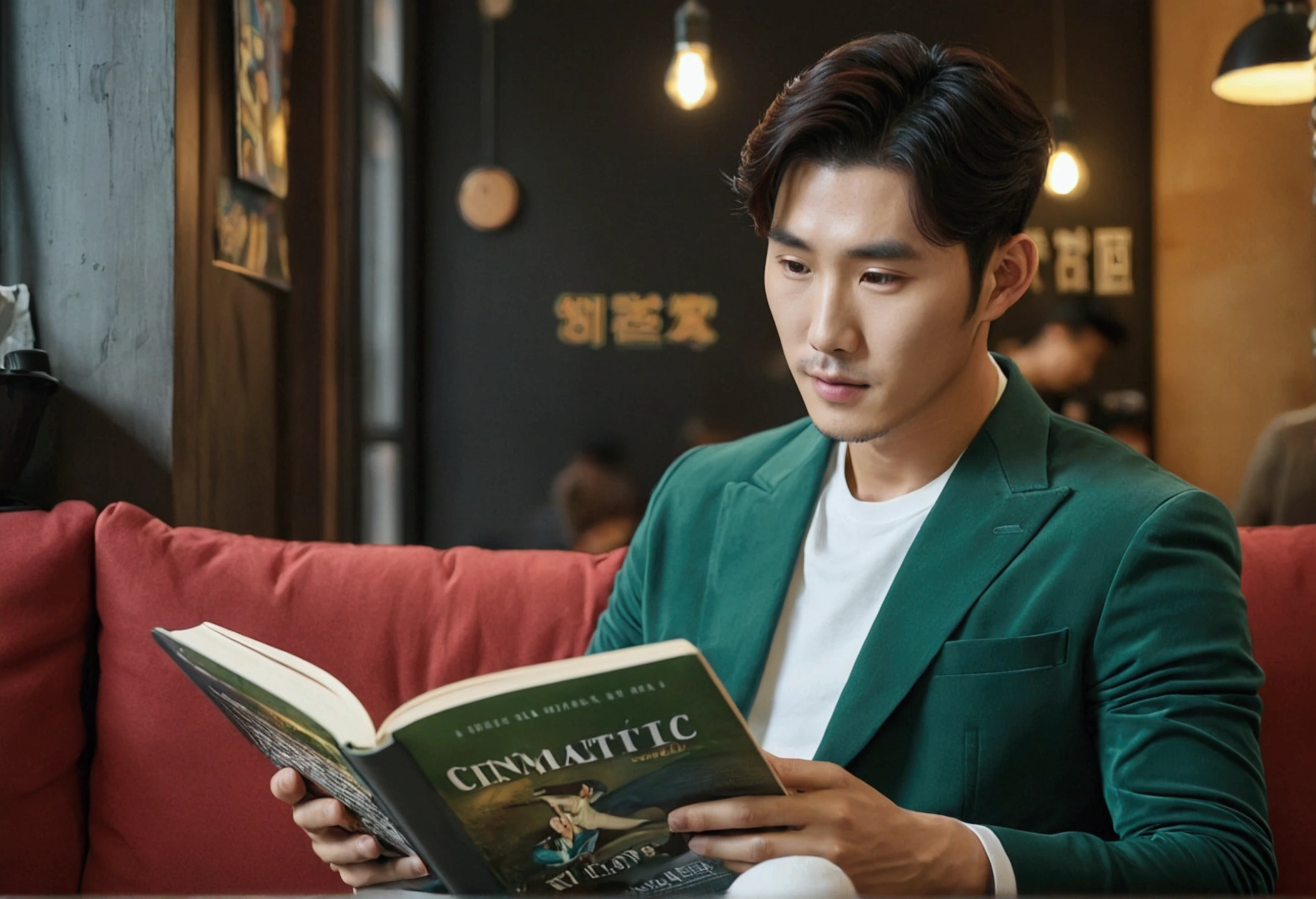 A handsome Korean man sitting on a sofa in a cafe and reading a book