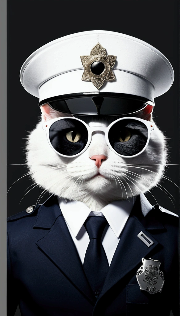 Anime cat White in black round sunglasses with police hat holding a blackjack