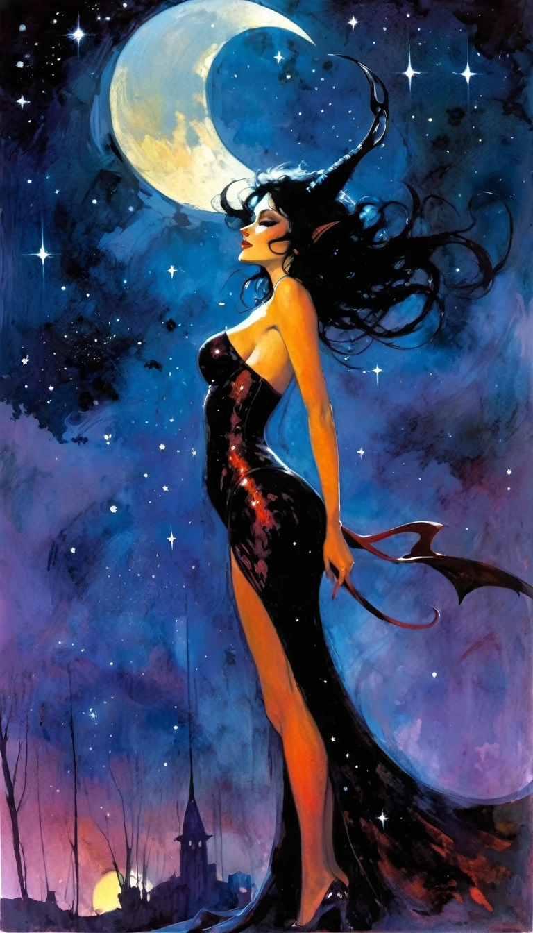 sexy girl, magic, fantastic, night sky, moon, stars, background, (simple oil painting in a style to Bill Sienkiewicz)
