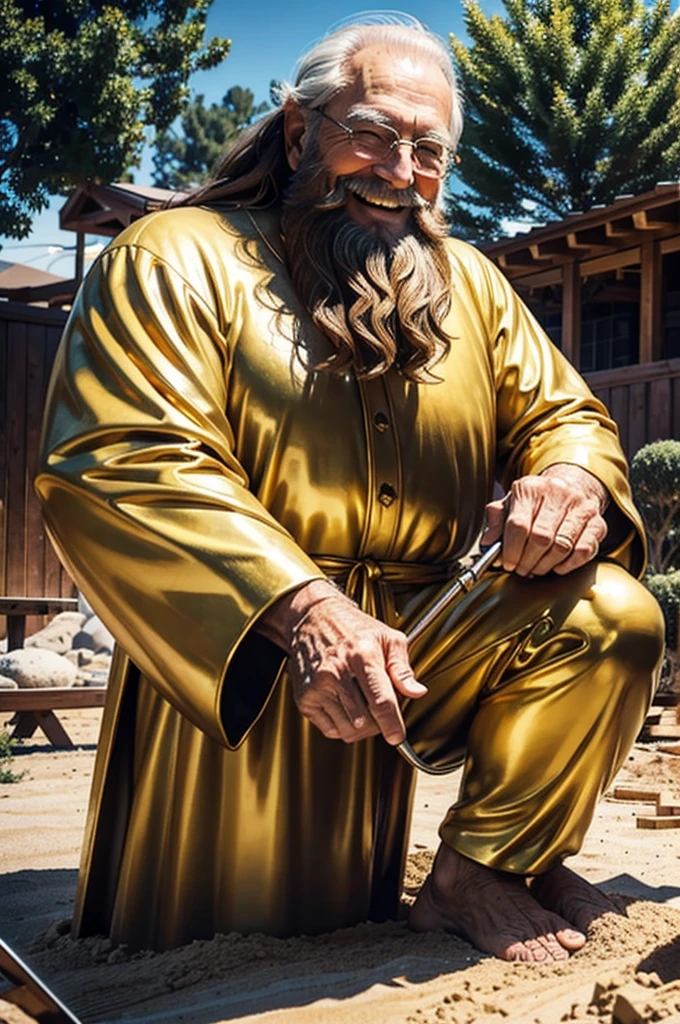 1guy, 80 years old, American, Short cozy beard, medium hair, healthy, happy, smiling, digging out a giant golden statues of jesus, backyard, realistic, midjourney, hyperrealistic